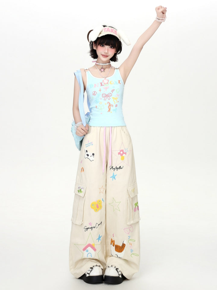 Cartoon Embroidery Drawstring Wide Leg Cargo Pants