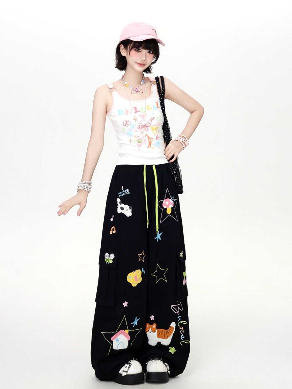 Cartoon Embroidery Drawstring Wide Leg Cargo Pants