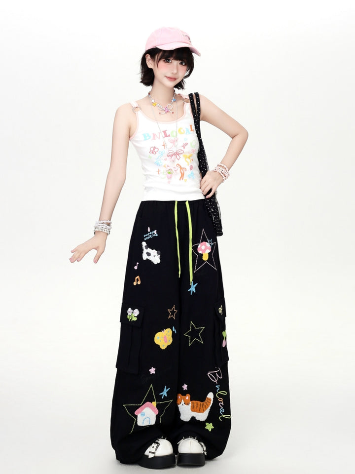 Cartoon Embroidery Drawstring Wide Leg Cargo Pants