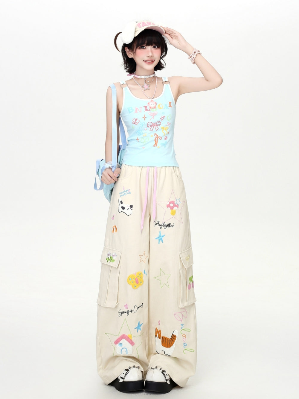 Cartoon Embroidery Drawstring Wide Leg Cargo Pants