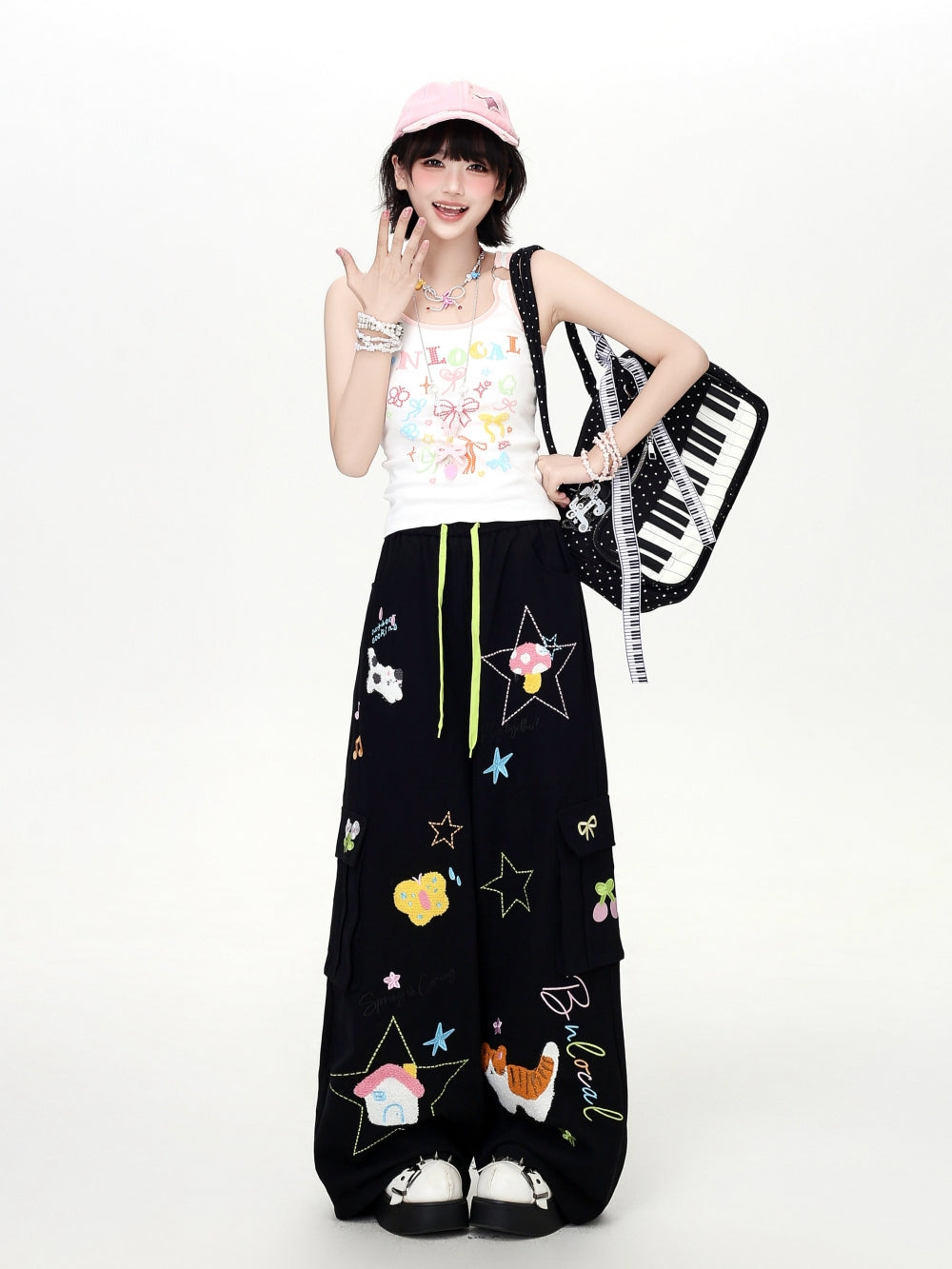 Cartoon Embroidery Drawstring Wide Leg Cargo Pants