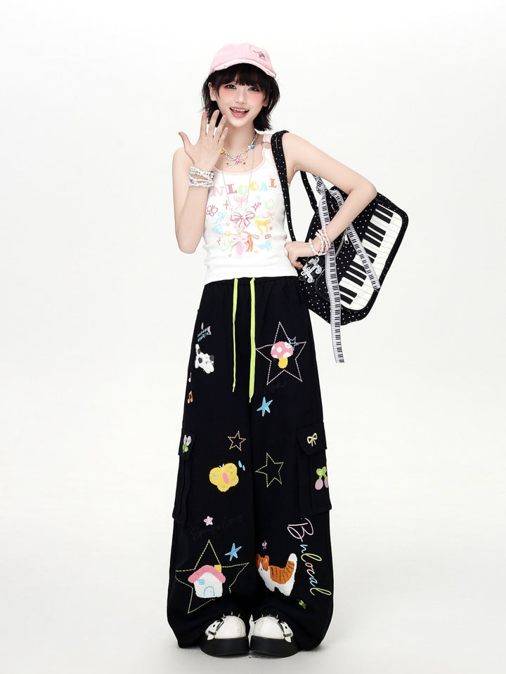 Cartoon Embroidery Drawstring Wide Leg Cargo Pants
