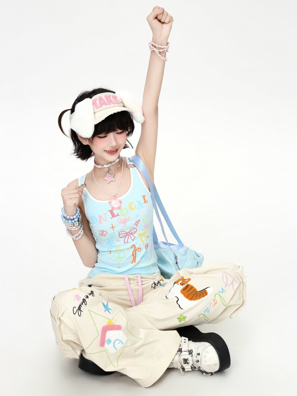Cartoon Embroidery Drawstring Wide Leg Cargo Pants