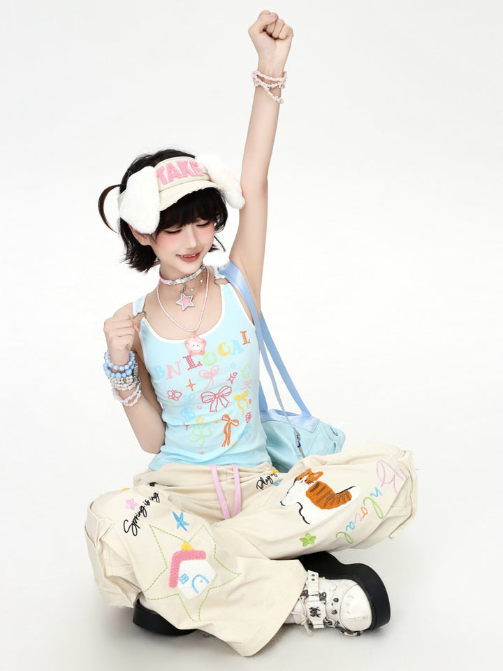 Cartoon Embroidery Drawstring Wide Leg Cargo Pants