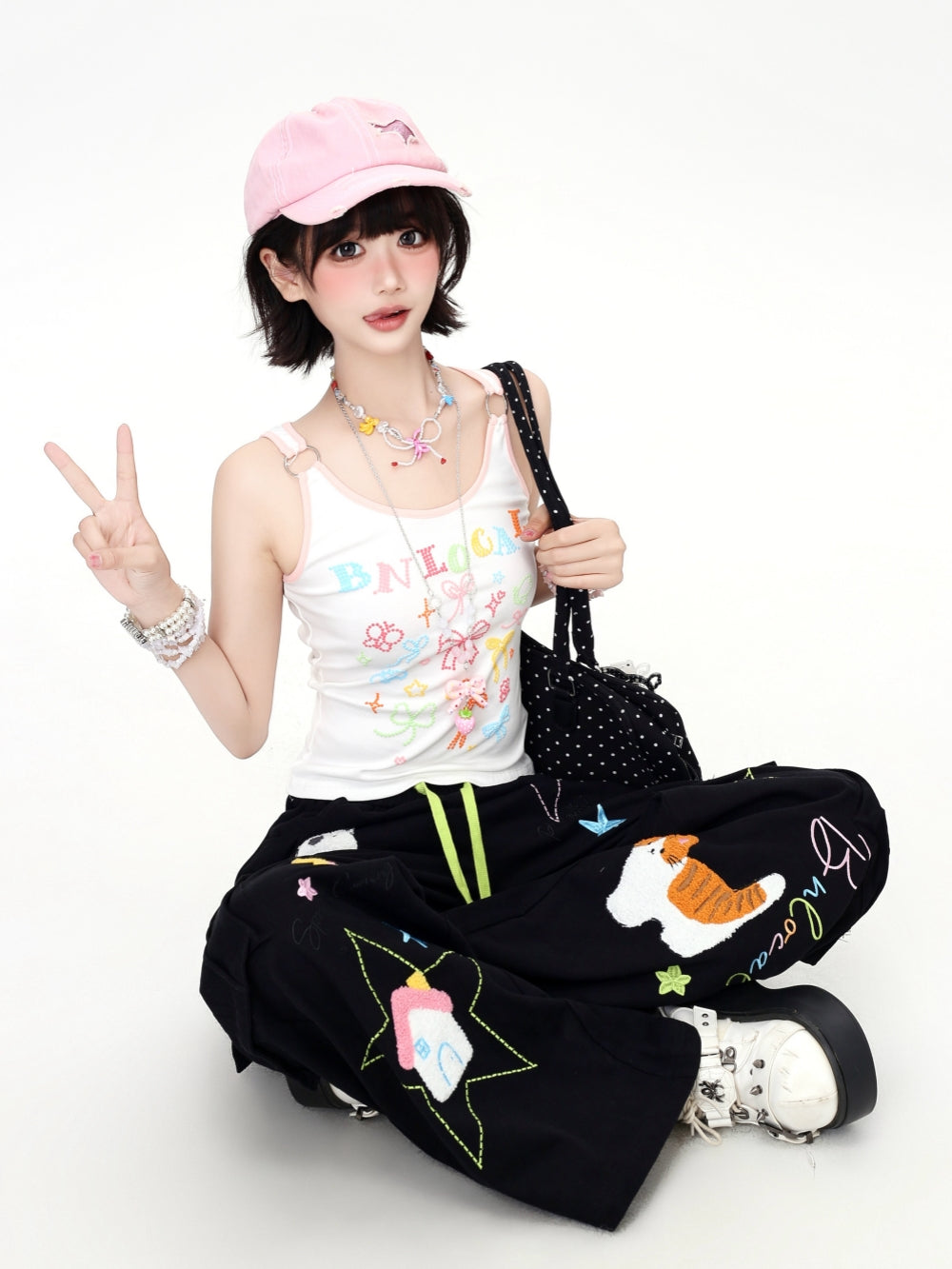 Cartoon Embroidery Drawstring Wide Leg Cargo Pants