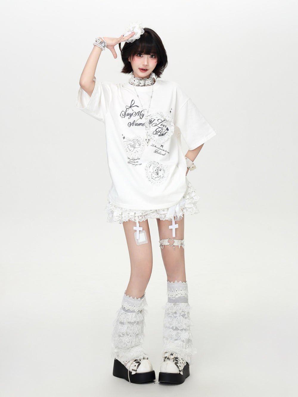 Lace Frame Bow Graphic Oversized Tee