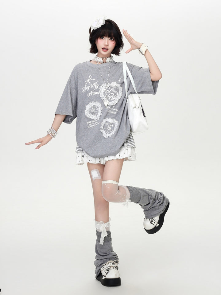 Lace Frame Bow Graphic Oversized Tee