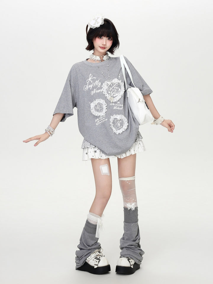 Lace Frame Bow Graphic Oversized Tee
