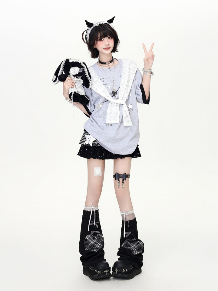 An oversized Japanese subculture aesthetic graphic tee in grey and white colorways, featuring a built-in white lace sailor collar and Y2K cyber-grunge graphics, styled for an alternative aesthetic.