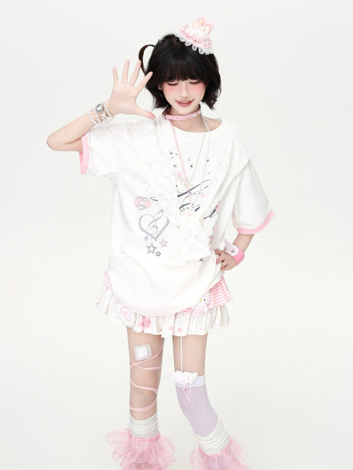 Oversized Sailor Lace Collar Graphic Tee