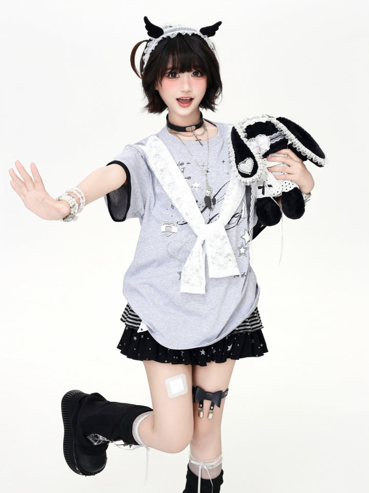 Oversized Sailor Lace Collar Graphic Tee