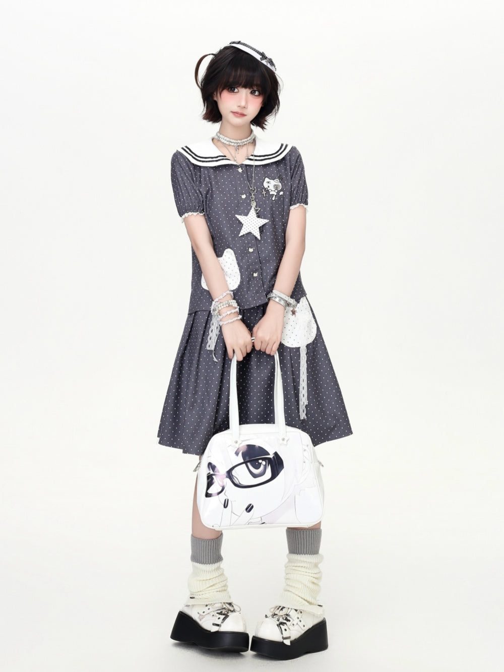 Polka Dot Sailor Collar Cat Tops Skirt Set