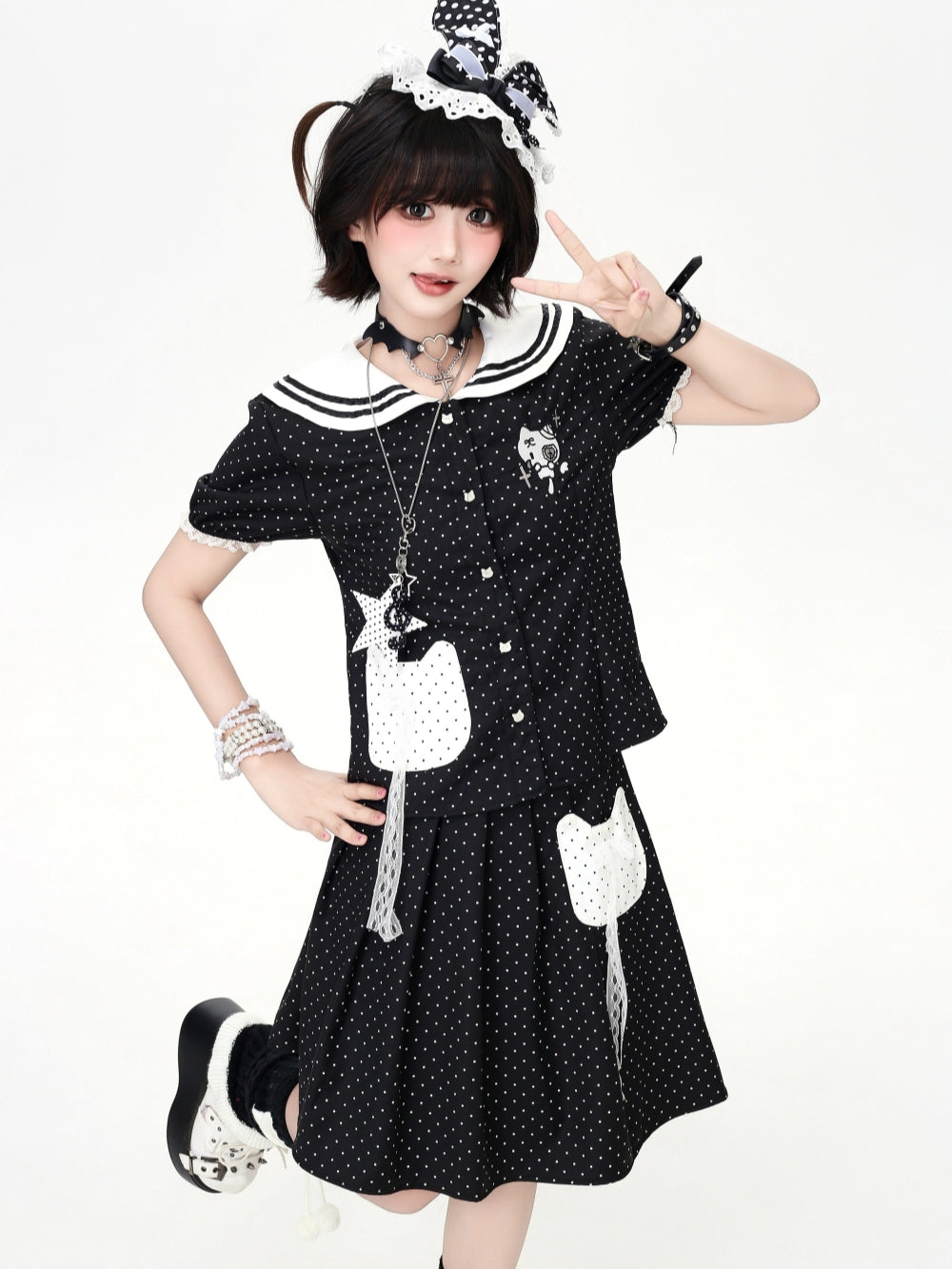 Polka Dot Sailor Collar Cat Tops Skirt Set