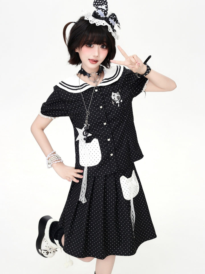 Polka Dot Sailor Collar Cat Tops Skirt Set