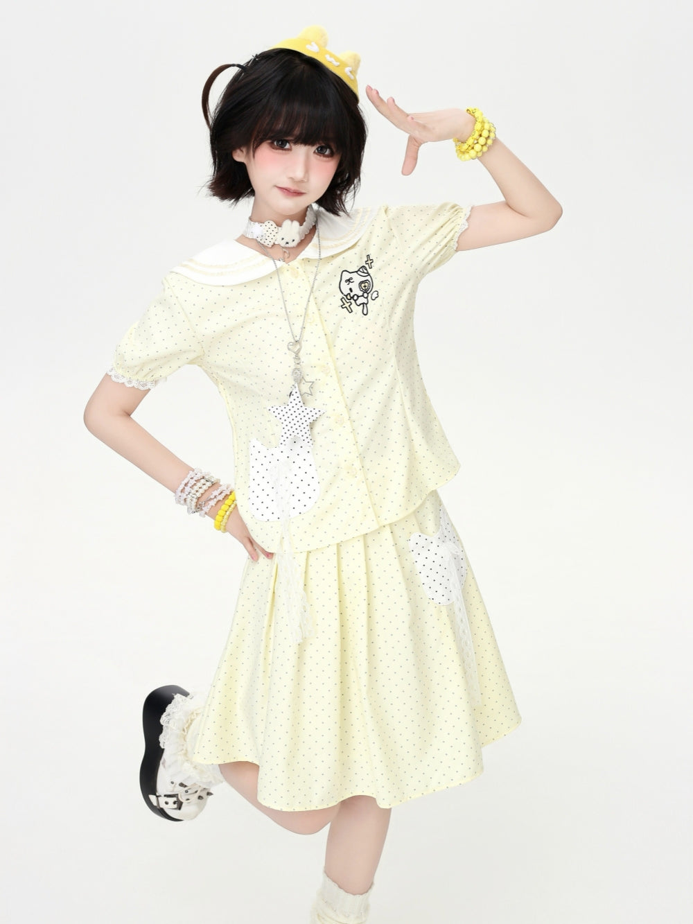 Polka Dot Sailor Collar Cat Tops Skirt Set