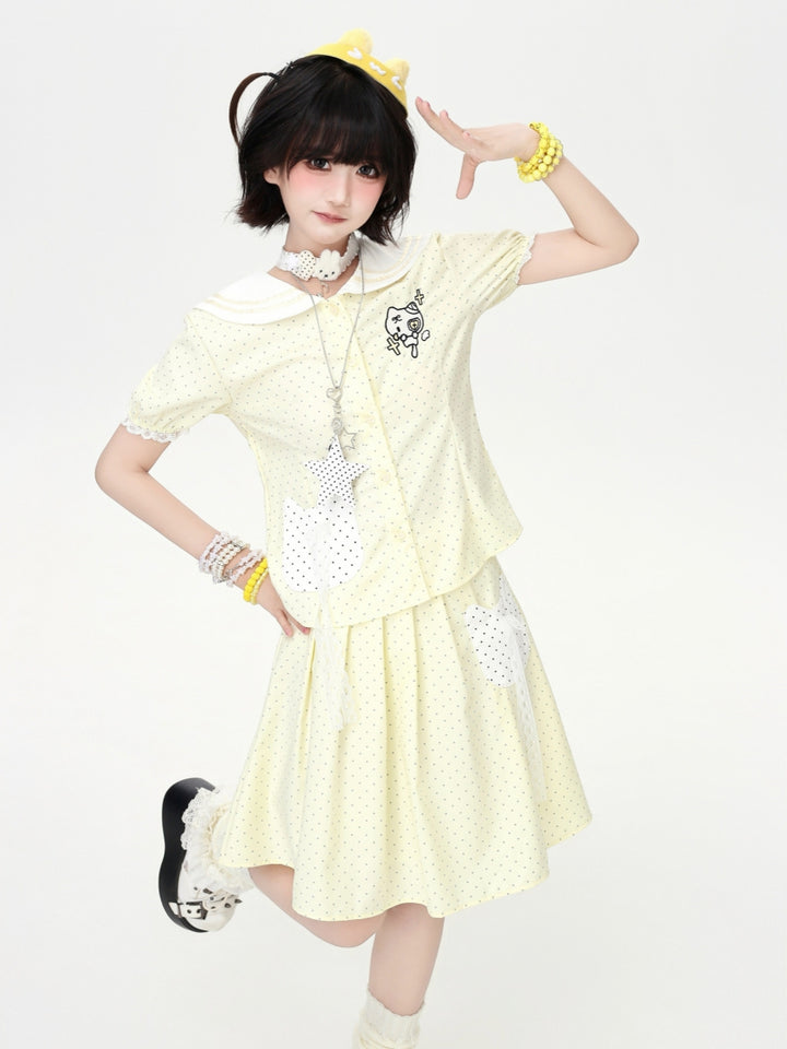 Polka Dot Sailor Collar Cat Tops Skirt Set