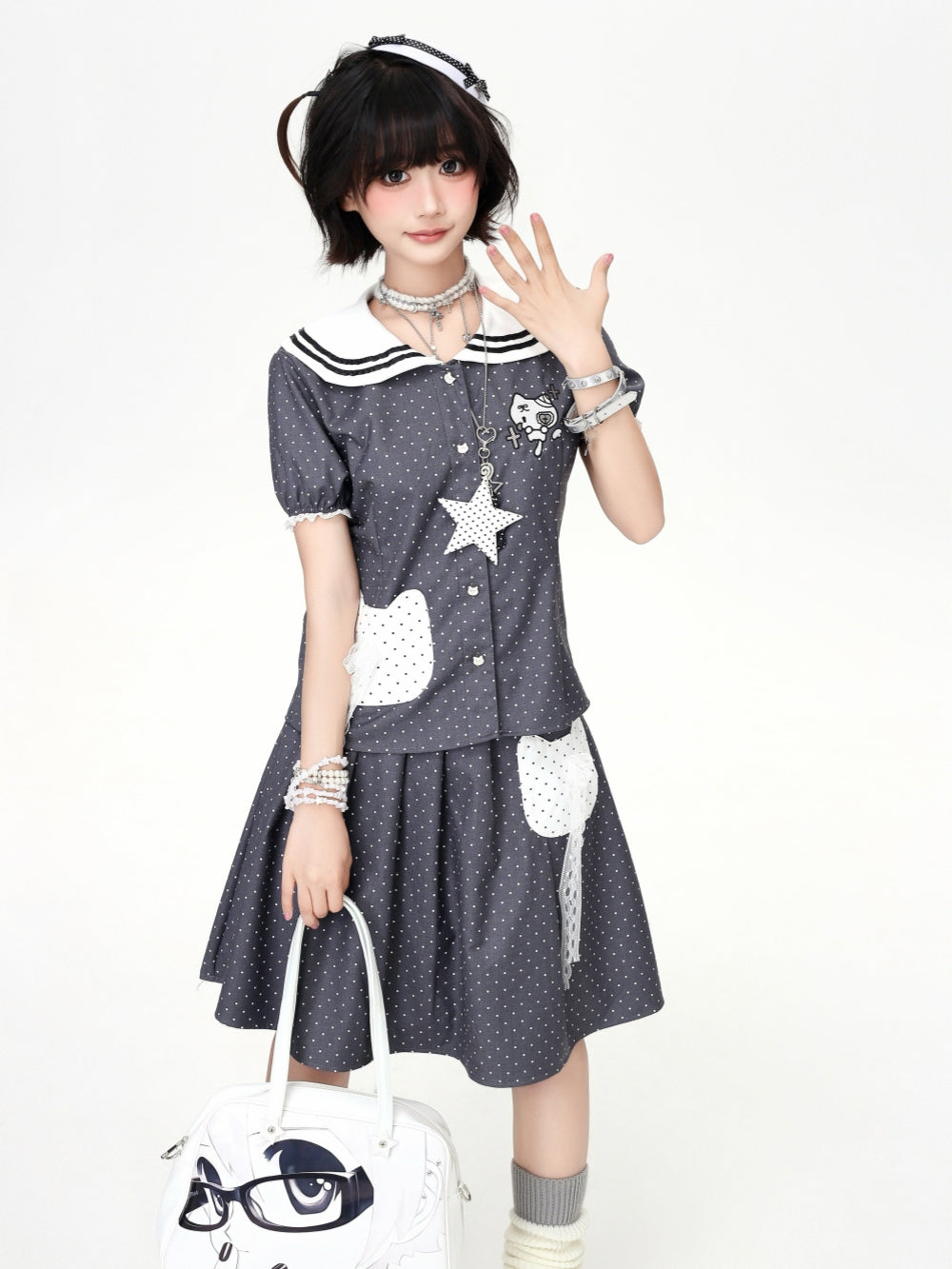 Polka Dot Sailor Collar Cat Tops Skirt Set