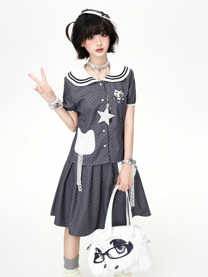 Polka Dot Sailor Collar Cat Tops Skirt Set
