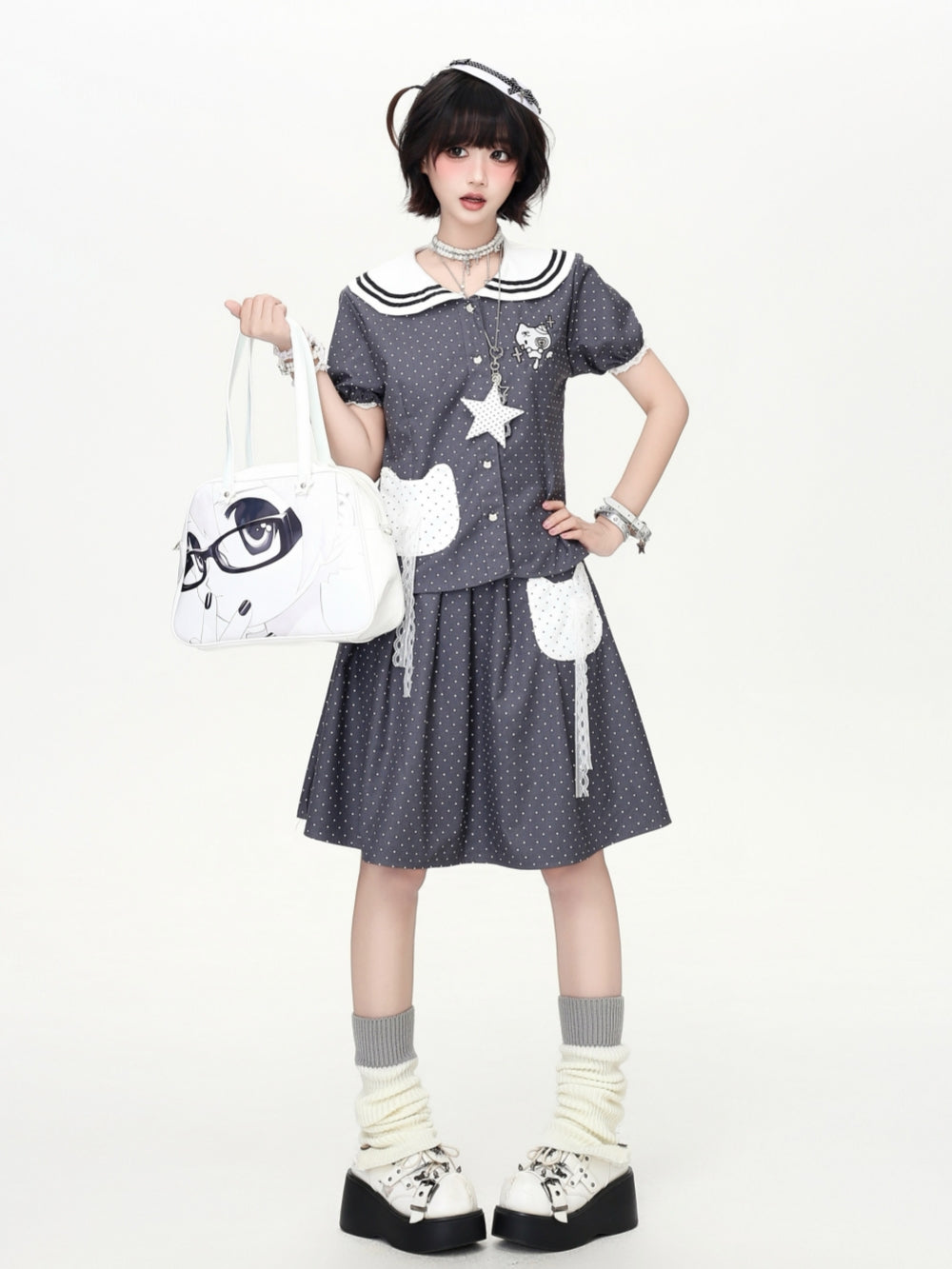 Polka Dot Sailor Collar Cat Tops Skirt Set