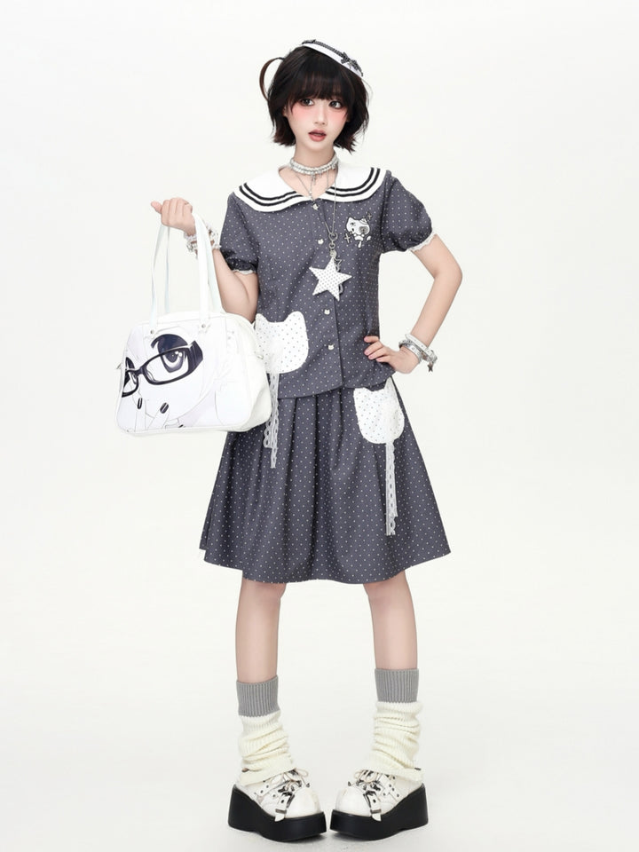Polka Dot Sailor Collar Cat Tops Skirt Set