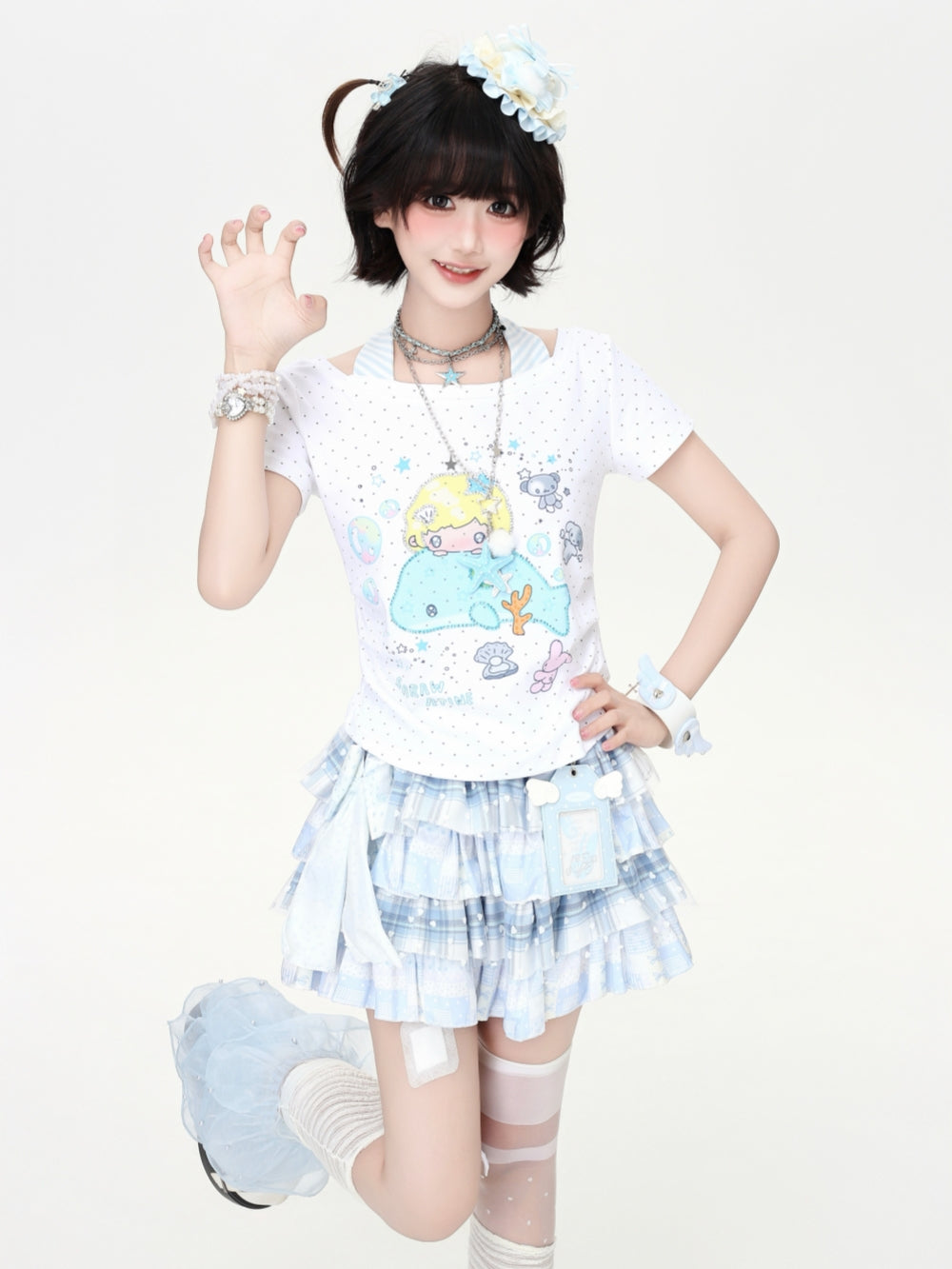 Cartoon Whale Halter Neck Layered Tee