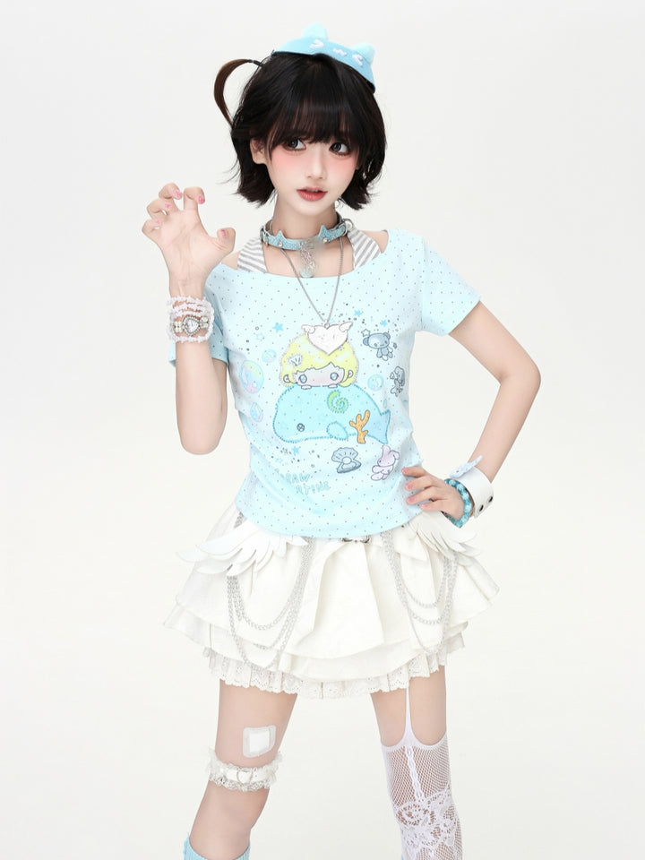 Cartoon Whale Halter Neck Layered Tee