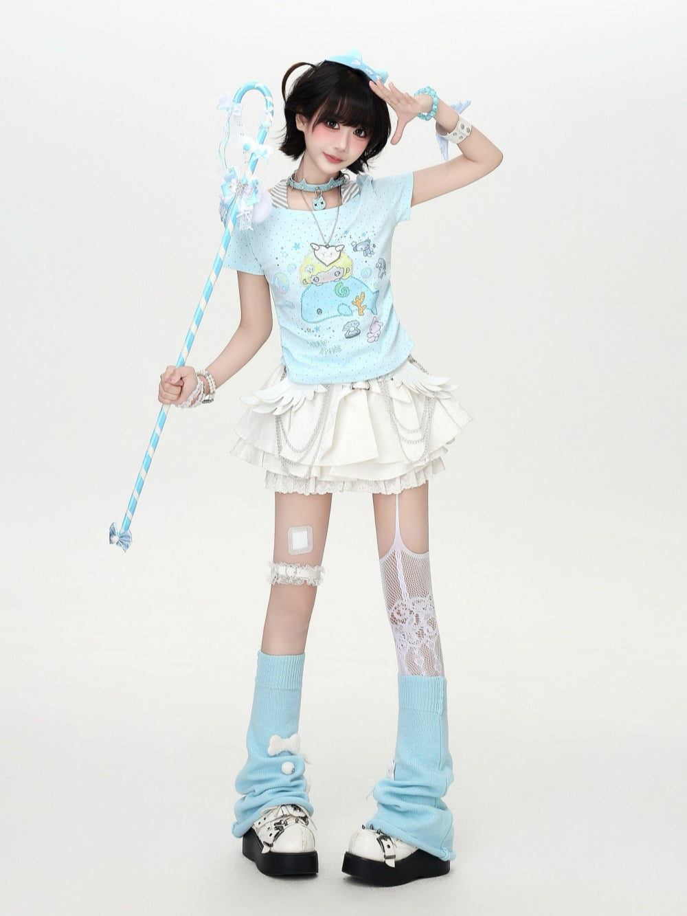 Cartoon Whale Halter Neck Layered Tee