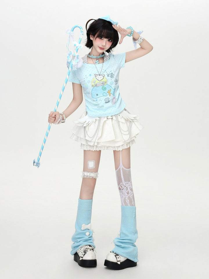 Cartoon Whale Halter Neck Layered Tee