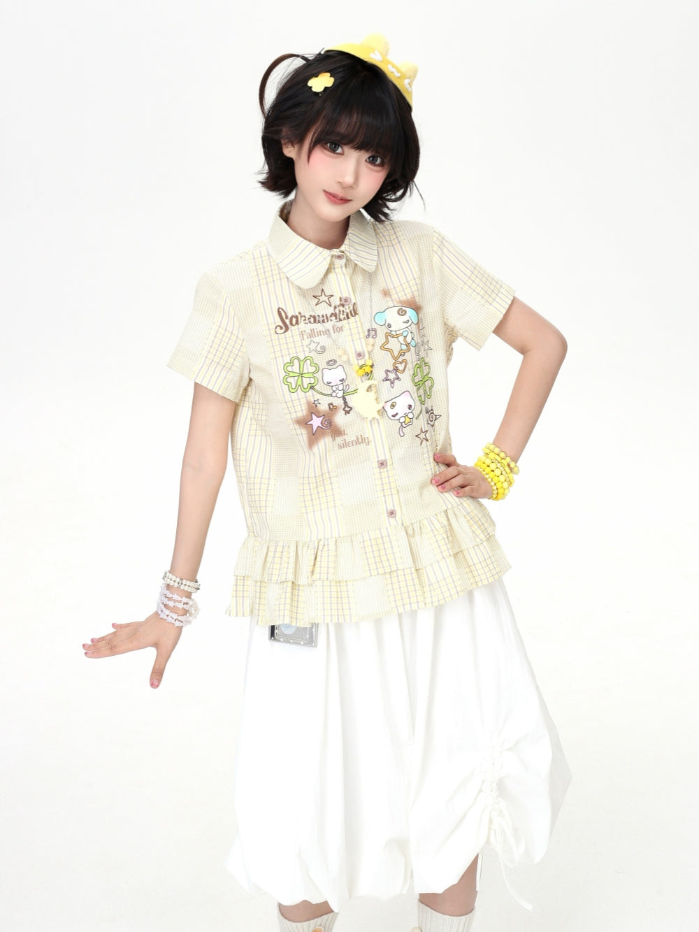 Cartoon Plaid Ruffle Hem Button Shirt