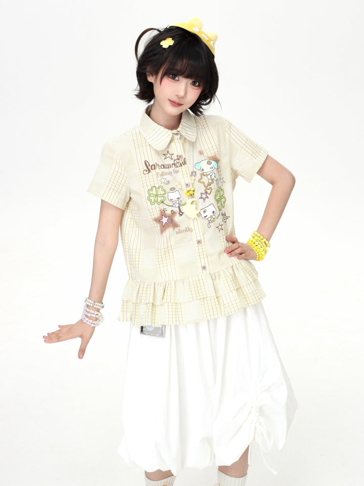 Cartoon Plaid Ruffle Hem Button Shirt