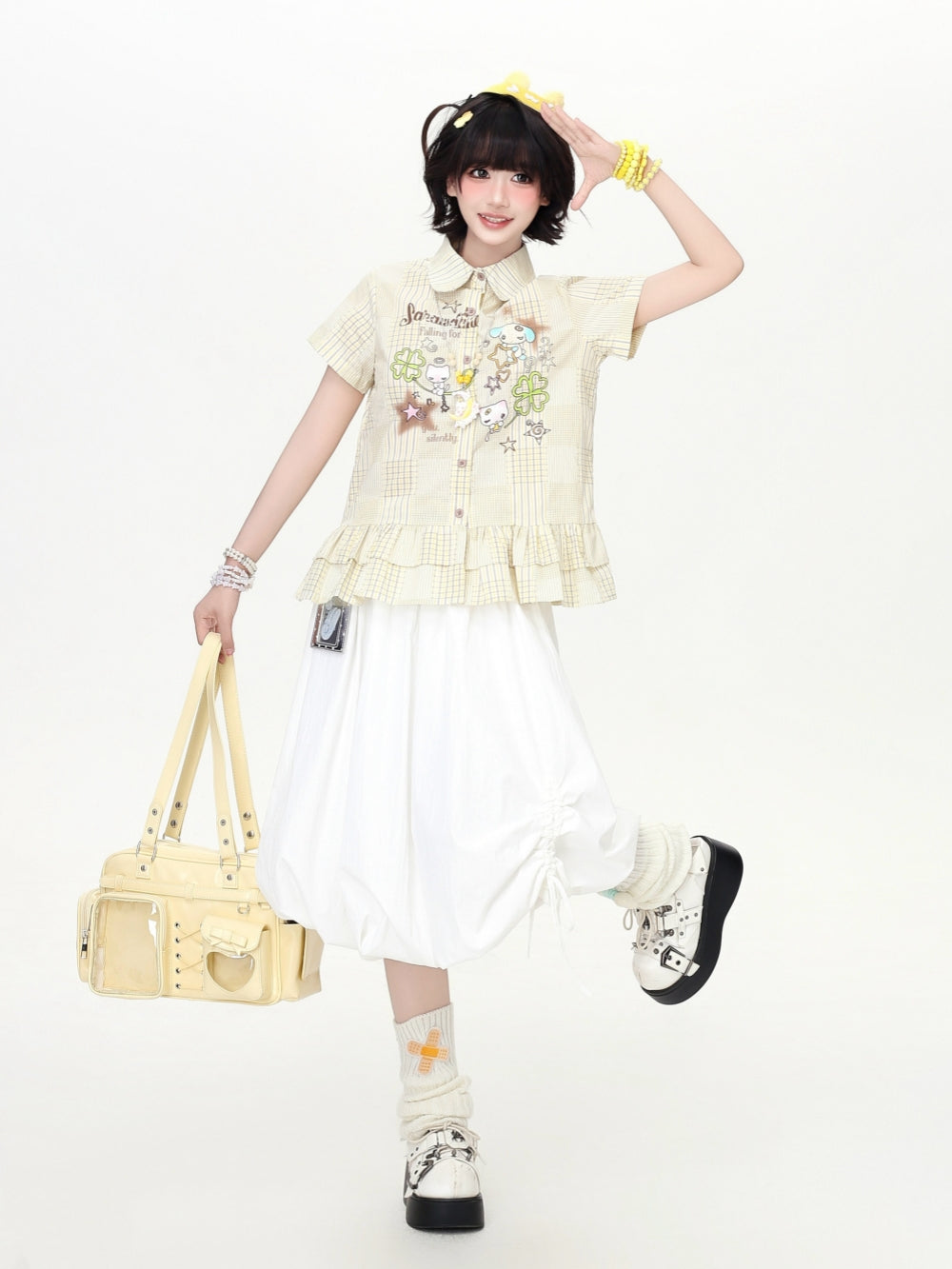 Cartoon Plaid Ruffle Hem Button Shirt