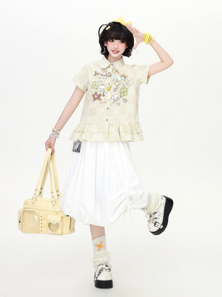 Cartoon Plaid Ruffle Hem Button Shirt