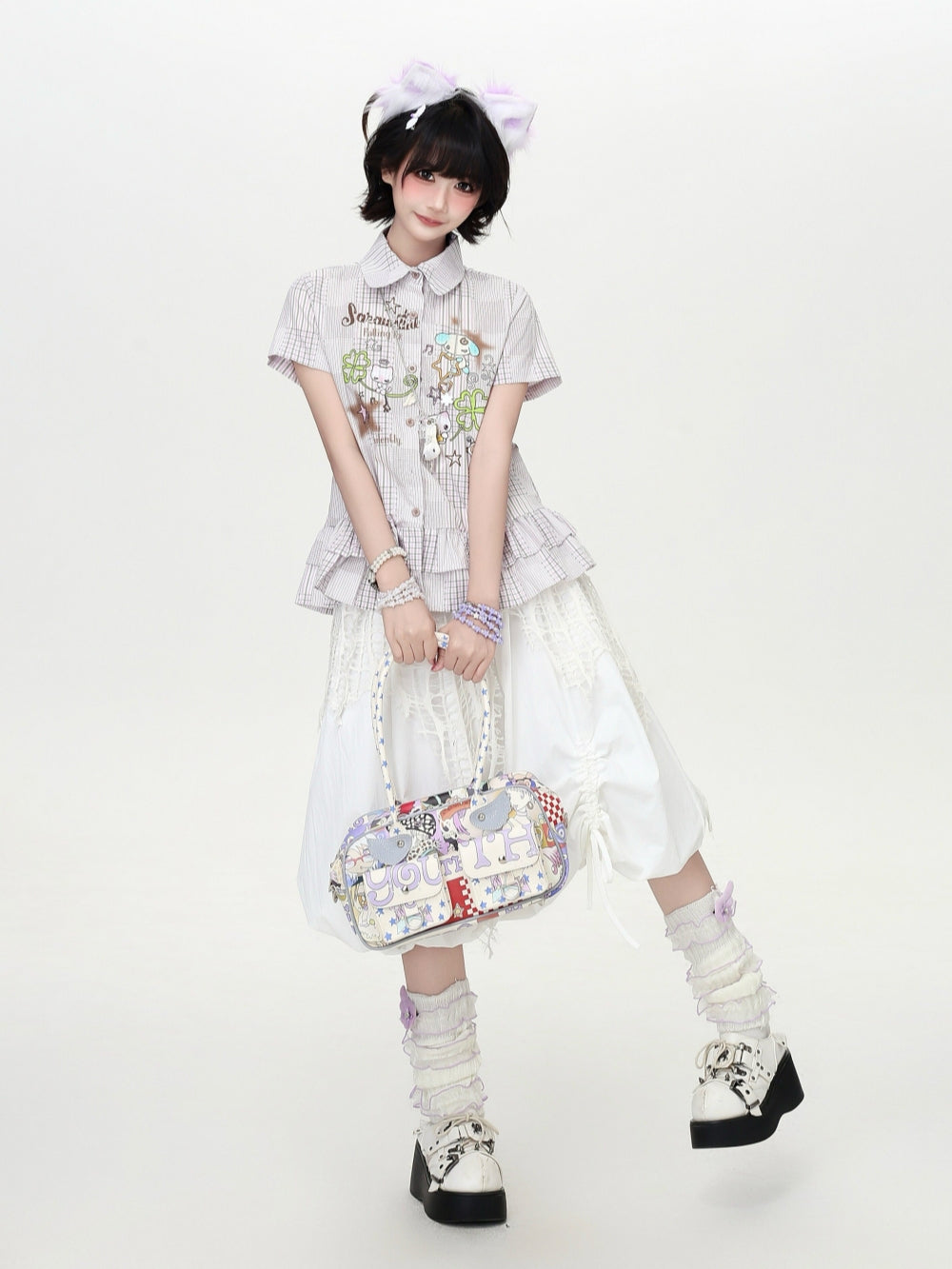 Cartoon Plaid Ruffle Hem Button Shirt