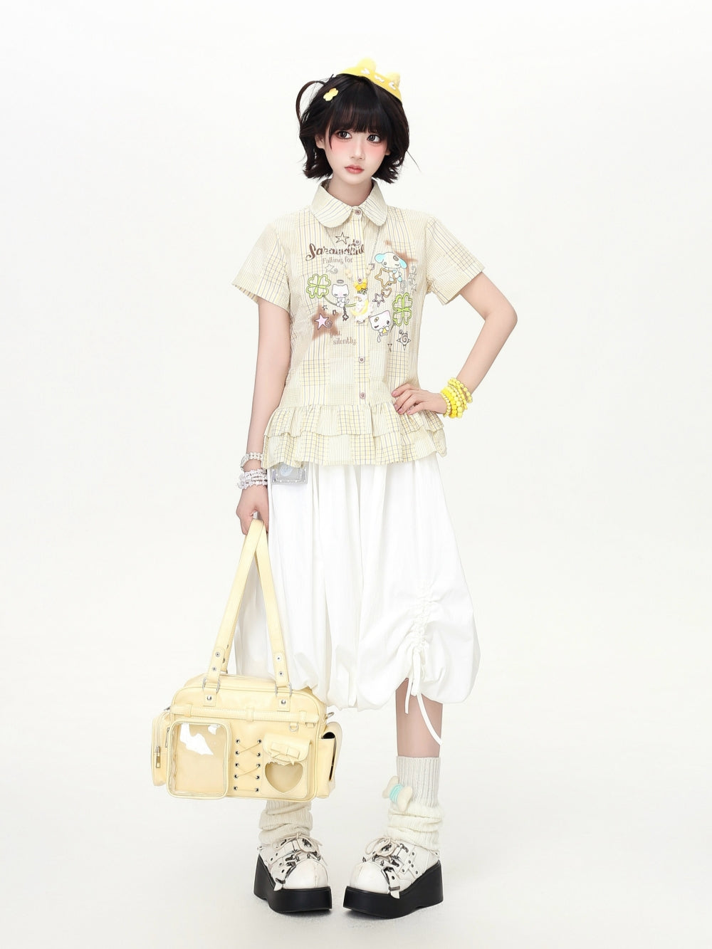 Cartoon Plaid Ruffle Hem Button Shirt