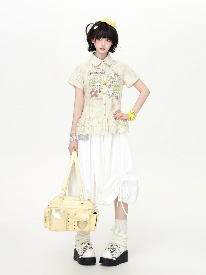 Cartoon Plaid Ruffle Hem Button Shirt