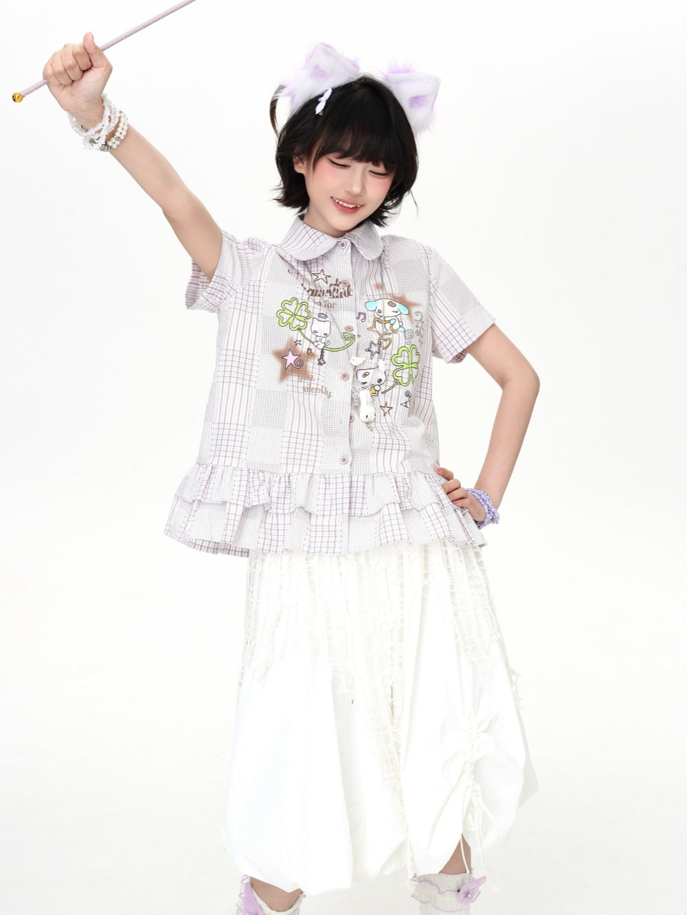 Cartoon Plaid Ruffle Hem Button Shirt