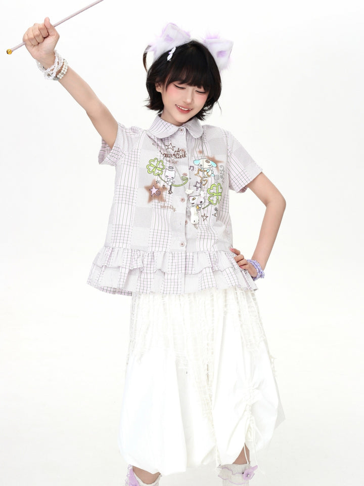 Cartoon Plaid Ruffle Hem Button Shirt