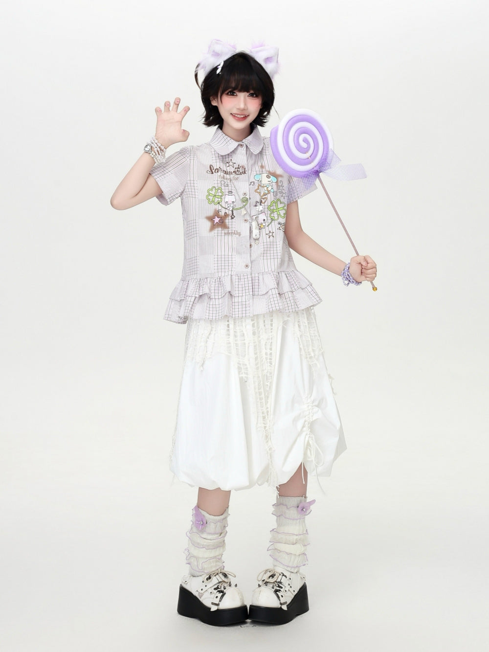 Cartoon Plaid Ruffle Hem Button Shirt