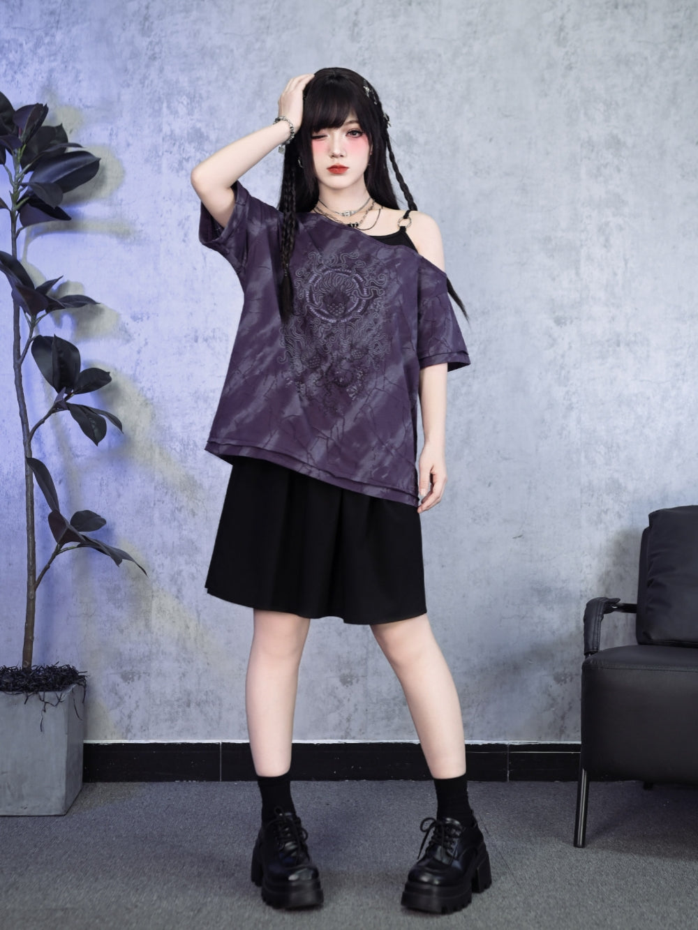 Asymmetric Off-Shoulder Tie-Dye Tee