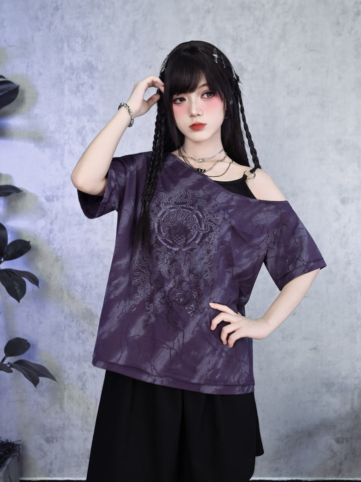 Asymmetric Off-Shoulder Tie-Dye Tee