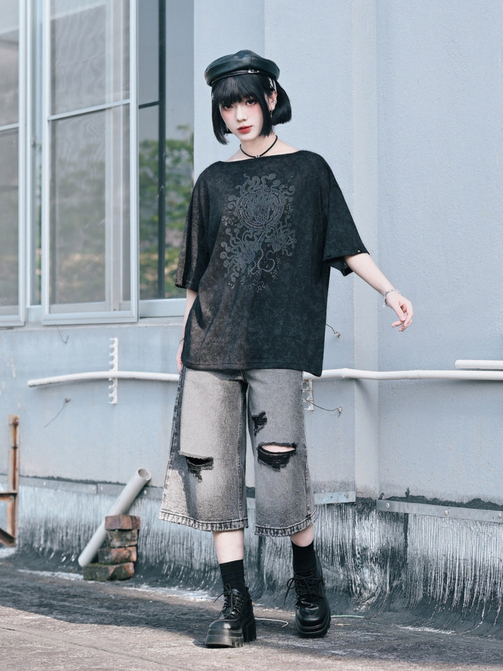 Distressed Graphic Detachable Sleeve Top