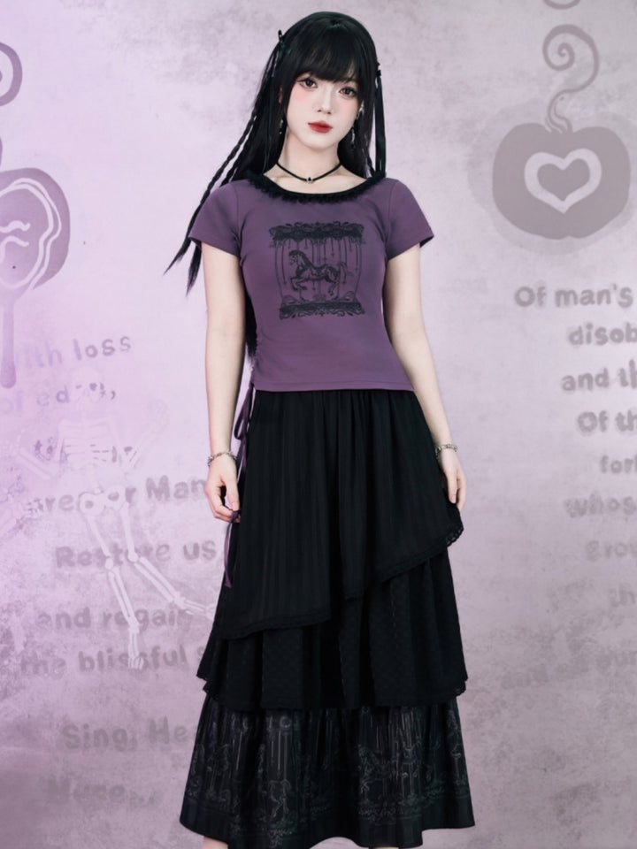 Carousel Graphic Lace Trim Ruched Baby Tee