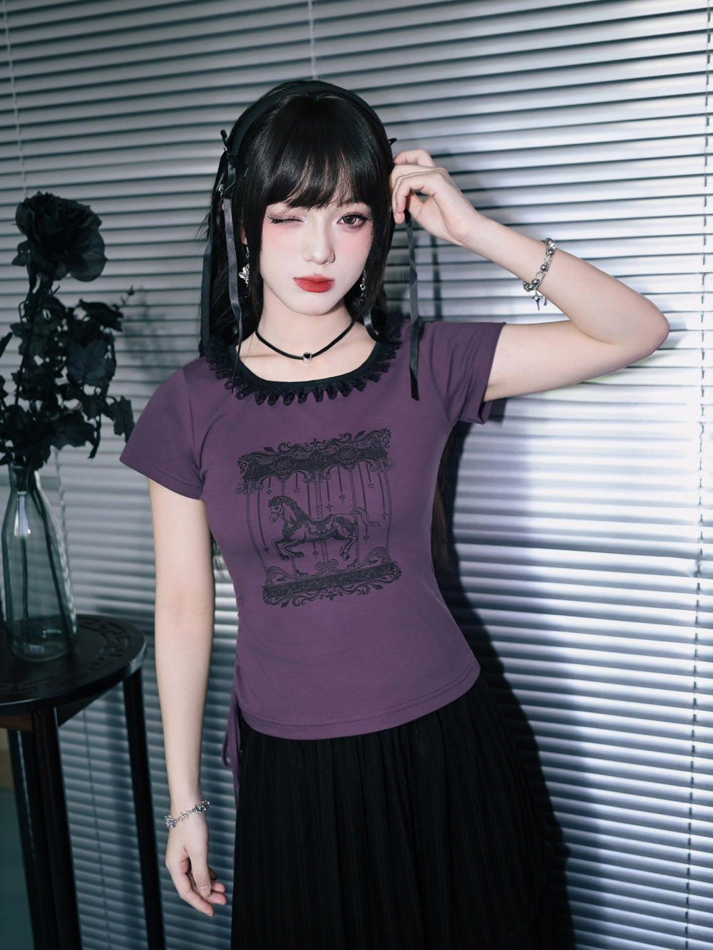 Carousel Graphic Lace Trim Ruched Baby Tee