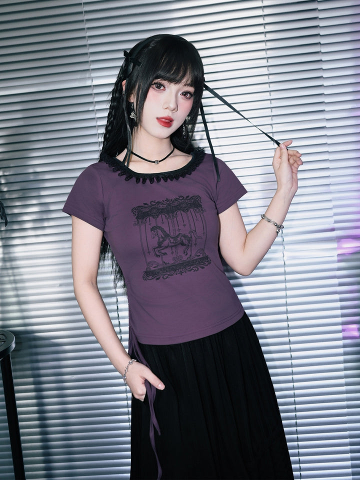 Carousel Graphic Lace Trim Ruched Baby Tee