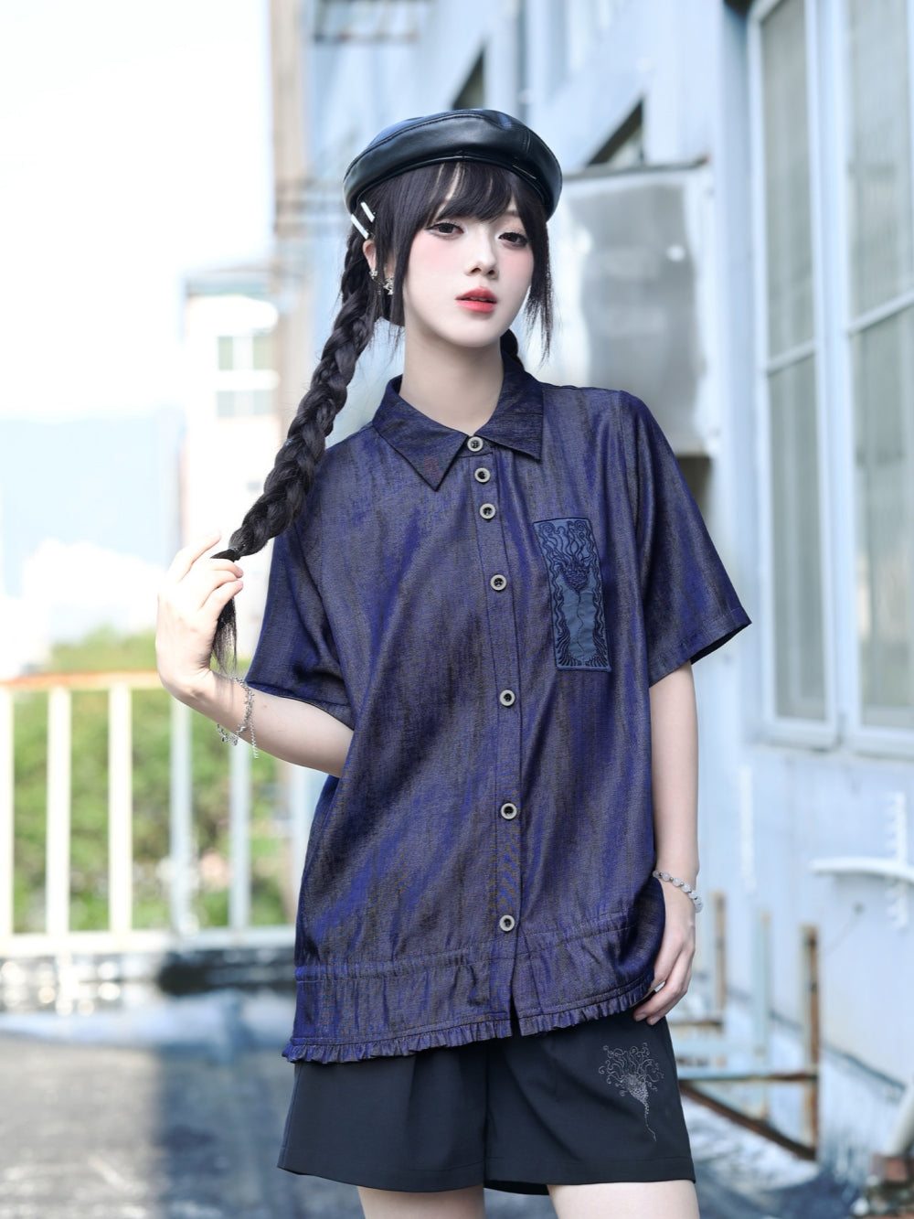 Gathered Hem Graphic Patch Shirt