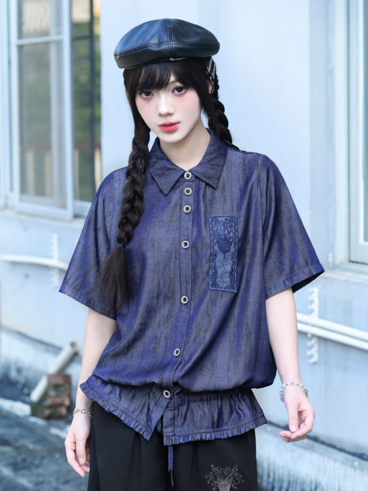 Gathered Hem Graphic Patch Shirt