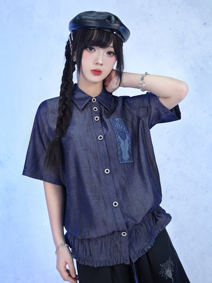 Gathered Hem Graphic Patch Shirt