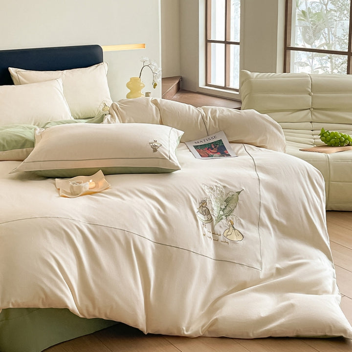 Light Luxury Lily of the Valley Embroidery Cotton Bedding Set