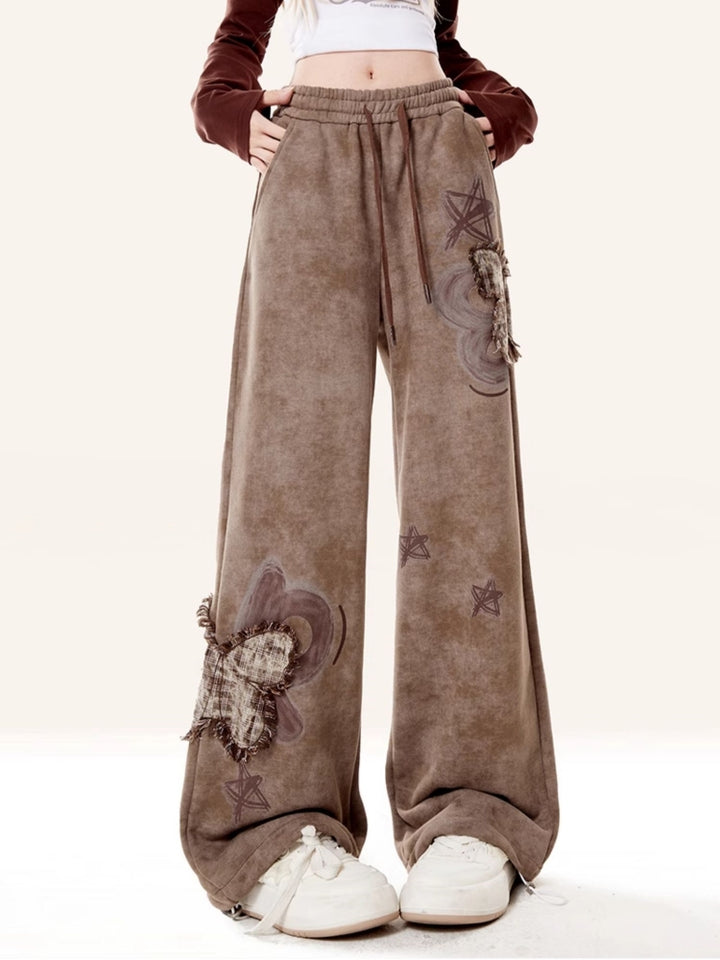 Kawaii Butterfly Patch Brown Wide-Leg Lounge Pants