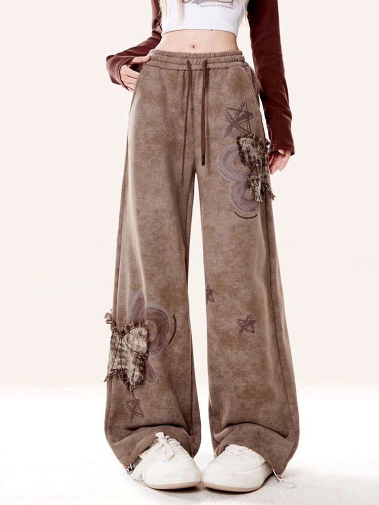 Kawaii Butterfly Patch Brown Wide-Leg Lounge Pants
